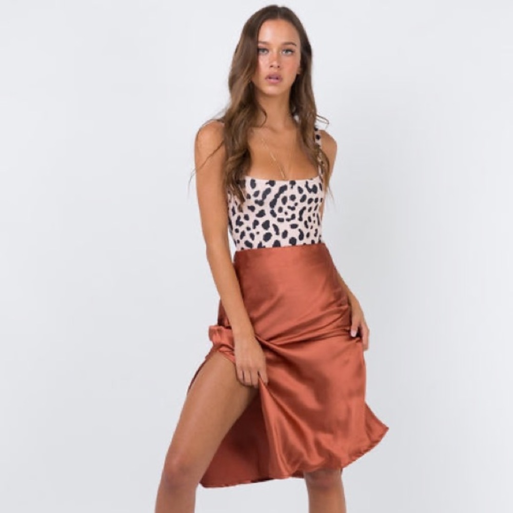 Princess Polly Cleo Lavoe Rust satin midi skirt